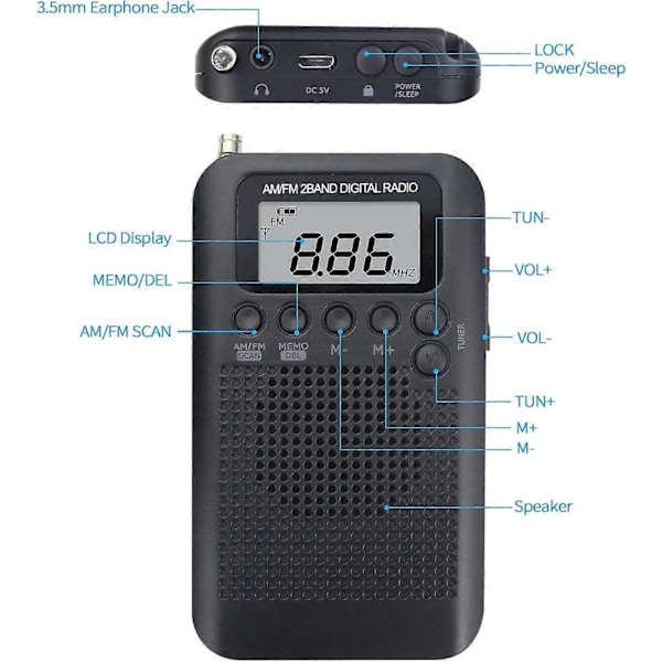 Bærbar Radio Mini Radio Lommeformat FM/AM Digital DSP Personlig Radio med Høyttaler Vekkerklokke & Timer, Håndholdt Radio med Øretelefoner, Støtter Repla