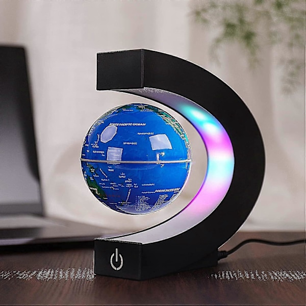 Magnetisk Svävande Glob Med Färgade LED-lampor C Form Anti-gravitation Maglev Roterande Världskarta För Gåva Hemmakontor Skrivbordsdekoration (med Strömbrytare, Blå)