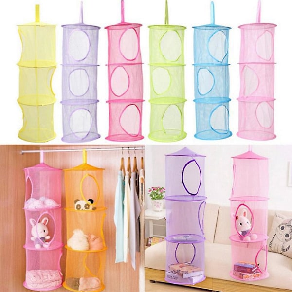 Plassbesparende hengende mesh-bamseoppbevaring, sett med 3, for barnerom, bad, balkong (rosa, rosa, lilla)