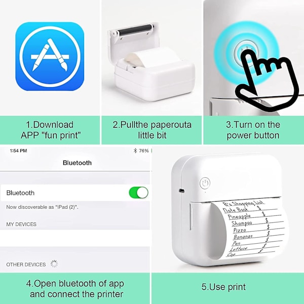 1 Rulle Printpapir til Etiketter, Kvitteringer, Fotos, Noter og Memoer - Bærbar Trådløs Printer Mini Lomme Bluetooth Kompatibel med Android iOS Smartphone