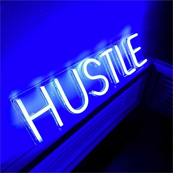Hustle Neonskilt for Veggdekor - Stort 19,7x5 Tommers LED Neonskilt, USB Kult Treningssenter Skilt for Kontorkunstdekor, Mannhull, Spillrom (Blå)