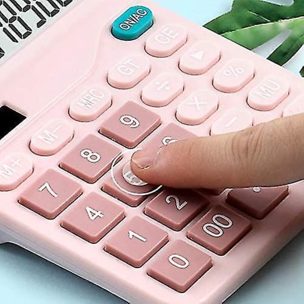 Skrivbordskalkylator med solceller - 12-siffrig display - Bokföringsverktyg för kontor, hem, skola - Rosa