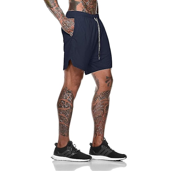 Kevyt 2-in-1 miesten juoksushortsi, nopeasti kuivuva kuntosaliharjoitteluun, tummansininen, 3XL