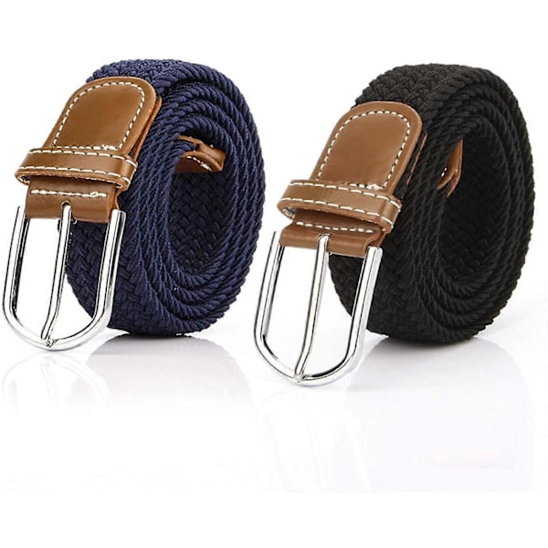 2-pack vävda stretchbälten för dam, blå + svart elastiskt bälte för herr för jeans och byxor