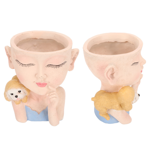 Urtepotte pige og hund sød stil bunddræningshul Dekorativ harpiks 12,5x11x14 cm Desktop Plantepotte