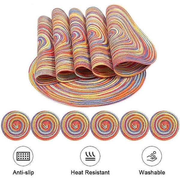 Sett med 6 runde bordmatter, varmebestandig vaskbar spisebrikke og coaster for spisebord