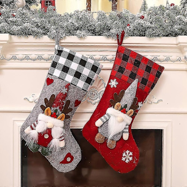 Julstrumpa 2-pack, 3D Tomtar Santa Julstrumpor Öppen Spis Hängande Strumpor Rödgrå