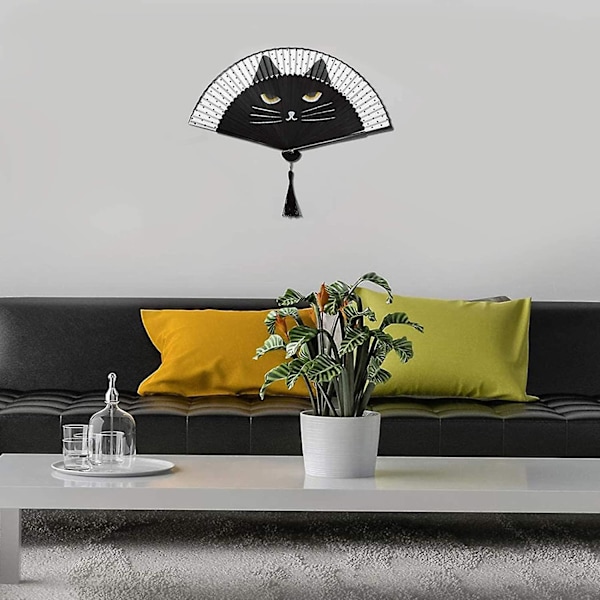 Sort Katte Foldbar Fan - Elegant og Alsidig Håndfan til Kvinder | Perfekt til Dans, Bryllupper, Fester og Vægdækning