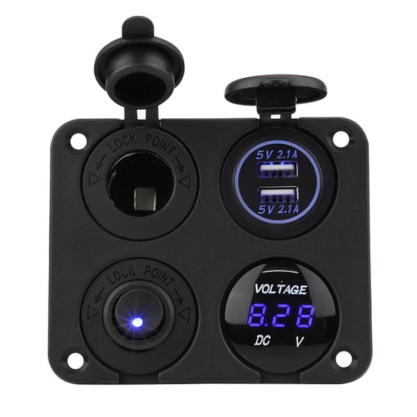 4-veis PÅ/AV-vippebryterpanel Dobbel USB-lader Sigarettenneruttak Voltmeter Blå LED