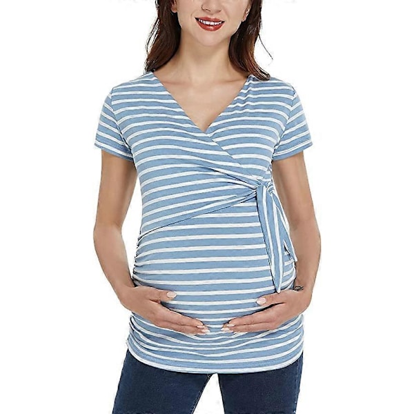 Maternity Toppe Kort- og Langærmet V-Hals Skjorter Dame Komfortable Graviditets Toppe XL Blå og Hvide Striber