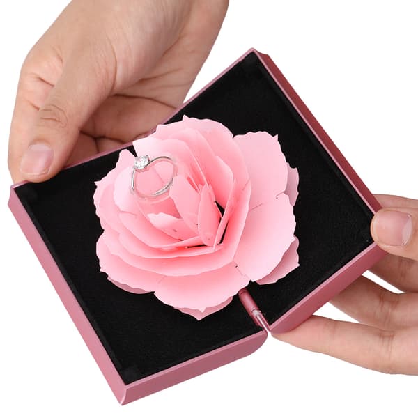 3D Ros Pop-up Ringask Bröllopsförlovningssmyckesförvaringsställ Ringhållare (Rosa)
