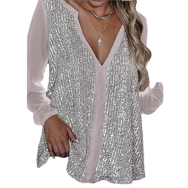 Blus med paljetter, V-ringning, lång ärm, XL, rosa