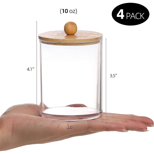 4 clips, 10 OZ badrum Manager Tillbehör förvaringsbehållare transparent Plast Apotekstank med Bambulock för Bomullsbollar, Bomullspads, Bomullspinnar