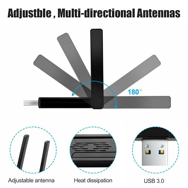 1300M WiFi-kortti USB 3.0 2.4G 5.8G Kaksikaistainen vakaa lähetys Langaton verkkosovitin kannettavalle tietokoneelle PC-pelaamiseen