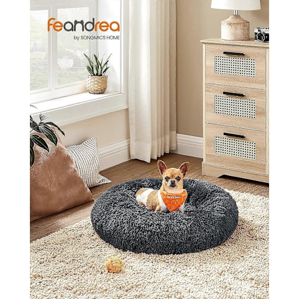 Blød hundeseng, katteseng, donut pude, vaskbar, aftagelig midterpude, lang plys, 60 cm diameter, ombr khaki