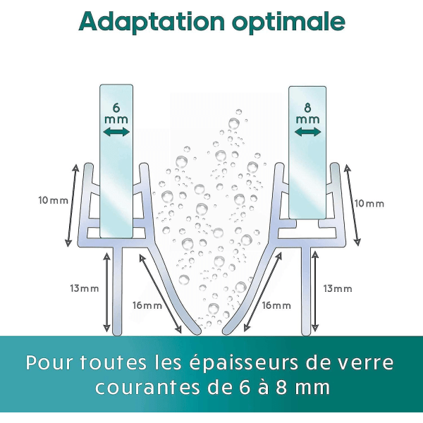 Vedenpitävä suihkuoven tiiviste 6,7,8 mm lasioville - Laajennettu vesiopas