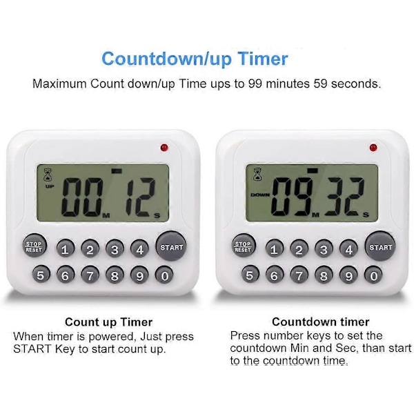Kjøkkentimer, nedtellingstimer/opptellingstimer digital timer med høy alarm, stor LCD-skjerm, magnetisk bakside