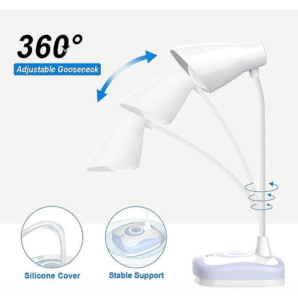 Skrivebordslampe, USB Oppladbar Skrivebordslampe Fleksibel Hals, Øyebeskyttelse, 3 Lysstyrkenivåer med Berøringskontroll, Bordlampe for Skriving, Lesing Ved Sengen