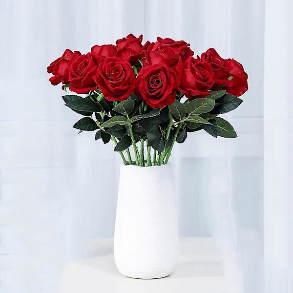 Sett med 10 stk. kunstige røde roser, lang stilk, falske blomster til dekorasjon (52 cm)