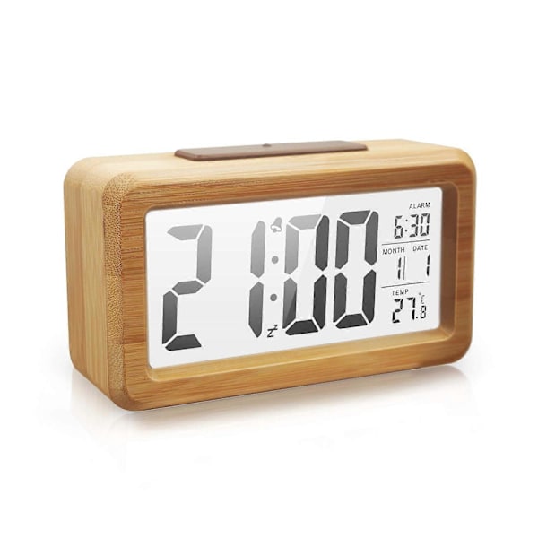 Digitalt Vækkeur i Træ, Stort LED Display, 12/24 Timers Visning, Smart Sensor Natlys