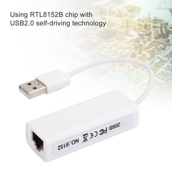 USB2.0 Ethernet-sovitin RJ45 Valkoinen ABS RTL8152B Chip Tietokoneen ulkoinen verkkokortti