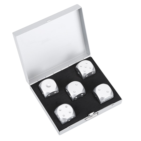 5 stk Aluminiumslegering Bordspil Pokerspil Terninger Sæt med Opbevaringsboks Sølv Firkantet Æske Silver Square Box