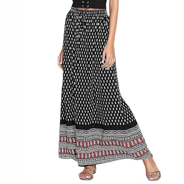 Leopard Print Bohemian Maxi Skirt til kvinder XL Sort røde og hvide blomster