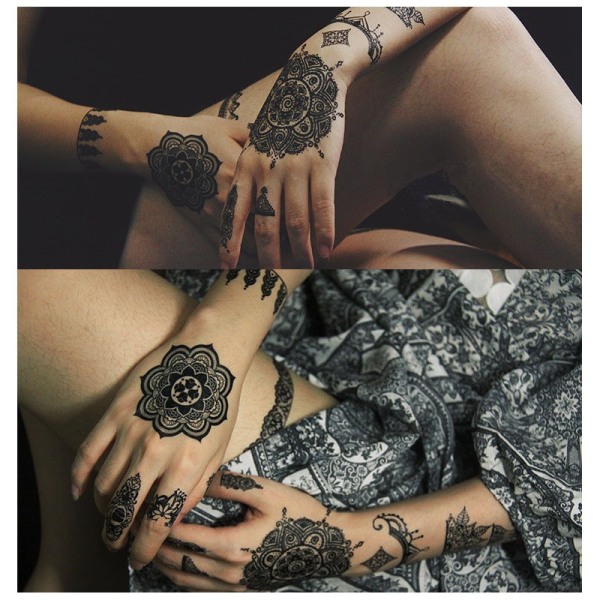10 ark Svarta tillfälliga tatueringsklistermärken Vuxna Kvinnor Flickor Fjäder Mandala Blomma Konst Kroppsarm Stora tatueringar Lakan Spets Tillfälliga tatueringar för bröllop