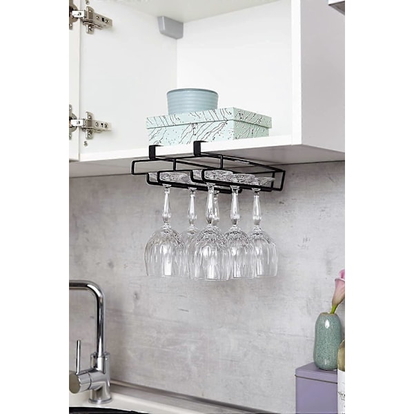 Svart Set med 2 Glashållare för Hylla - Kökskåpsmodul för 6 Glas, Metall, 22 x 7,5 x 26 cm