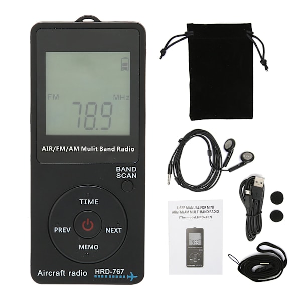 HRD-767 Bärbar Radio Flygplansband Automatisk power FM/AM/AIR-radio med hörlurar