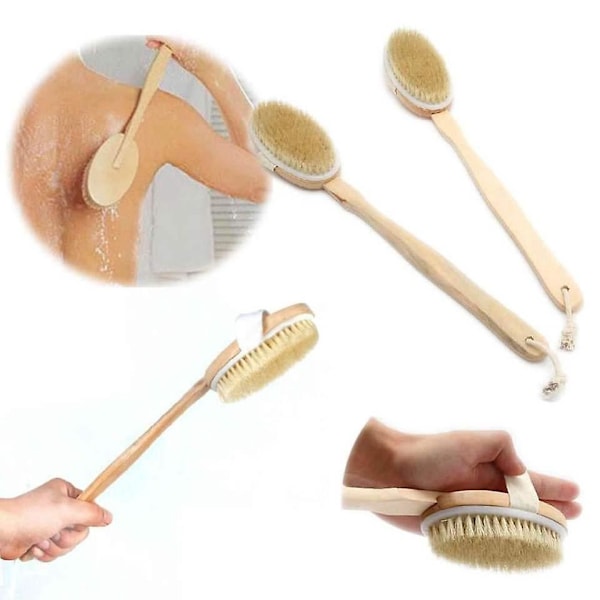 Dual-Sided Bamboo Body Brush for Shower, Long Handle, Stiff and Soft Natural Bristles, Wet or Dry Brushing, Exfoliation