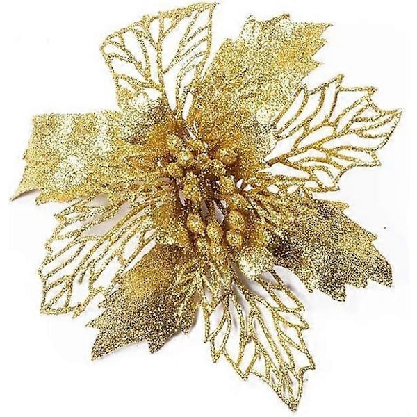 6 stk. Glitter Kunstige Bryllups Juleblomster Glitter Juletræspynt (Guld)