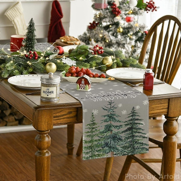 Grå Furu Tre Snøfnugg God Jul Bordløper, Sesongbasert Vinter Jul Kjøkken Spisebord Dekorasjon (33x230cm)
