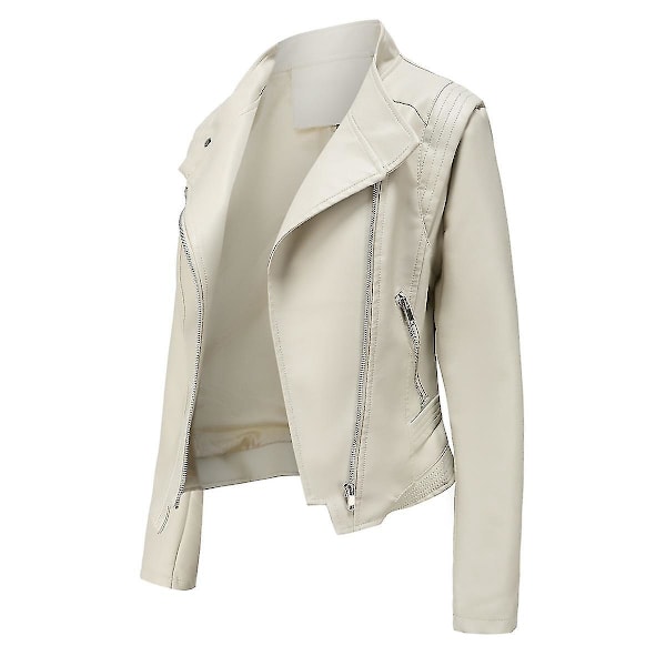 Stilig dame Slim Off White Faux Leather Biker Zip Jacket M