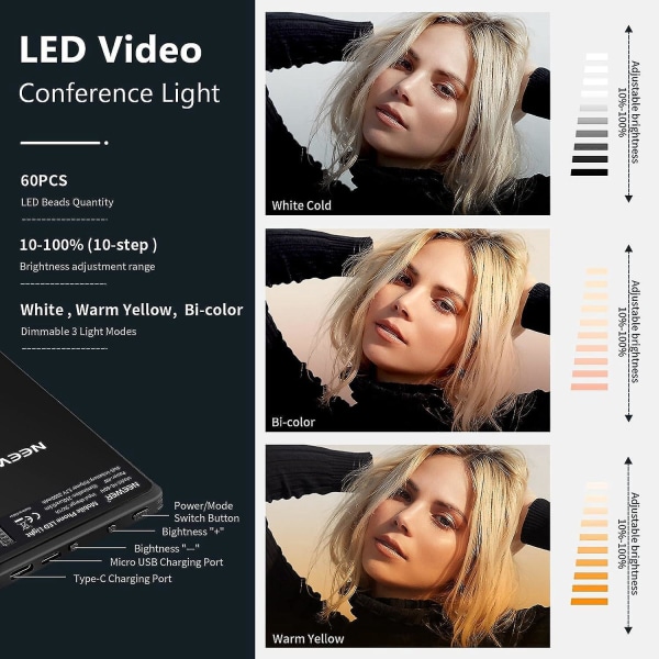 Bærbar Clip-On LED Selfie-telefonlampe med 60 høyeffekts LED-er, 2000mAh oppladbart batteri, CRI95+ og 3 lysmoduser
