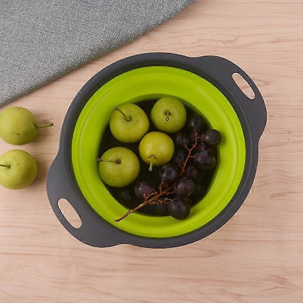 Grönt Hopfällbart Durkslag Set, Runda Silikon Durkslag för Köket Diameter Storlekar 24.5 20 2.5 Cm Perfekt För Att Hälla Av Pasta Grönsaker Frukt