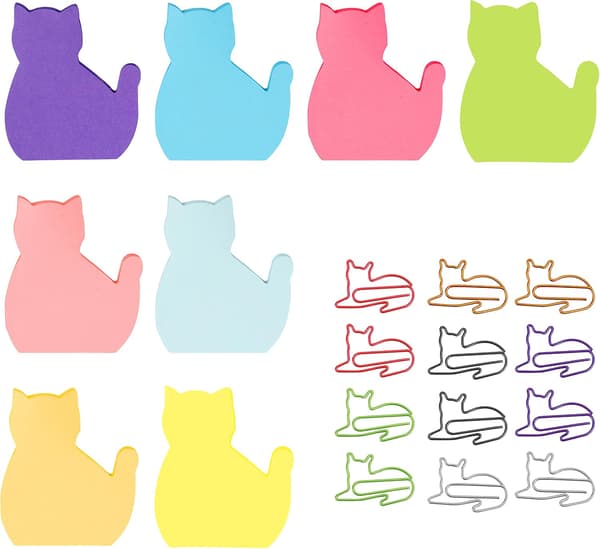 240 ark (8 blokke) katte-sticky notes, kreative katteformede papirvarer sticky notes med 12 tilfældige søde katte-papirclips