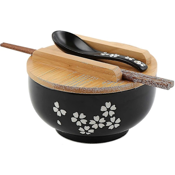 Ramenkulhosetti, japanilaiset ramen-nuudelikulhot kannella ja lusikalla, suuri keraaminen keittokulho, musta käsin piirretty riisikulho retro-pöytäastiat nuudelikulho 6,5 tuumaa