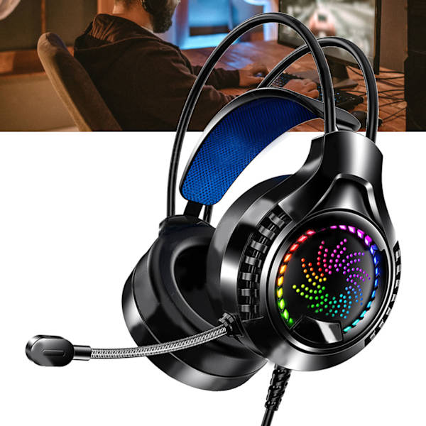 Kablet computerheadset 7.1 lydkanal justerbart hovedbånd bløde ørekopper dobbelte 3,5 mm og USB RGB computer gaming hovedtelefoner