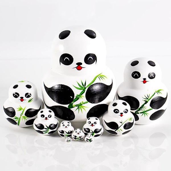 Russisk Matryoshka Nesting Dolls Set - Håndlavet 10-delt pandaserie i malet træ - Traditionelle russiske dukker til gaver og legetøj