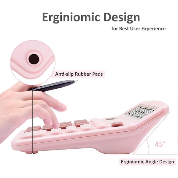 12-cifret solcelledrevet bordregner, kontorregner med stort LCD-display og store knapper, dobbelt strømforsynet bordregner (Pink)