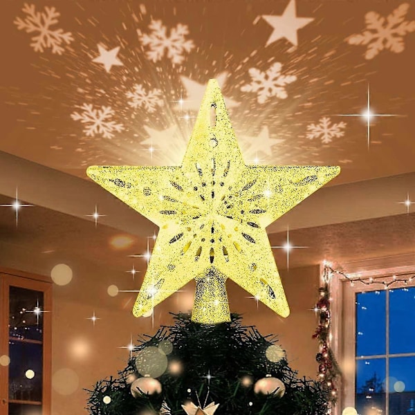 3D Julgran Gyllene Stjärna Roterande Snöflinga LED Projektorlampa (EU-kontakt)