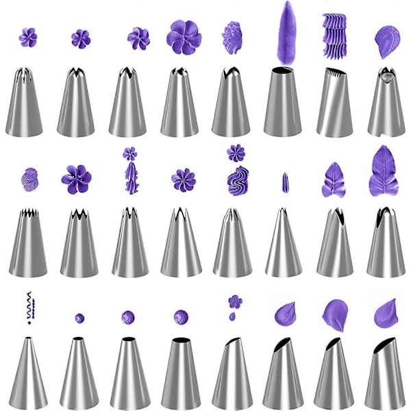 32-delars Tårtdekorationsmunstycken med 2 Återanvändbara Spritspåsar, 2 Kopplingar, 3 Plastskrapor, 1 Blomspik och Förvaringslåda, Rostfritt Stål
