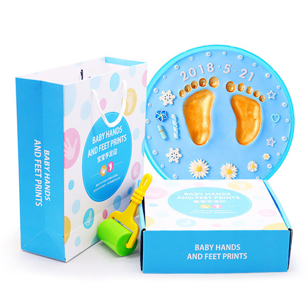 Babyhånd- og fotavtrykk DIY-håndavtrykk fotavtrykk leire God dekorasjon Nyfødt jubileumsgave blå boks
