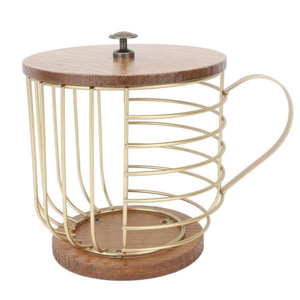 Kaffepodholder i jern med stor kapasitet, plassbesparende trebase, kaffepodholder for oppbevaring av kaffepods til hjem, kafébar, gullfarget med lokk