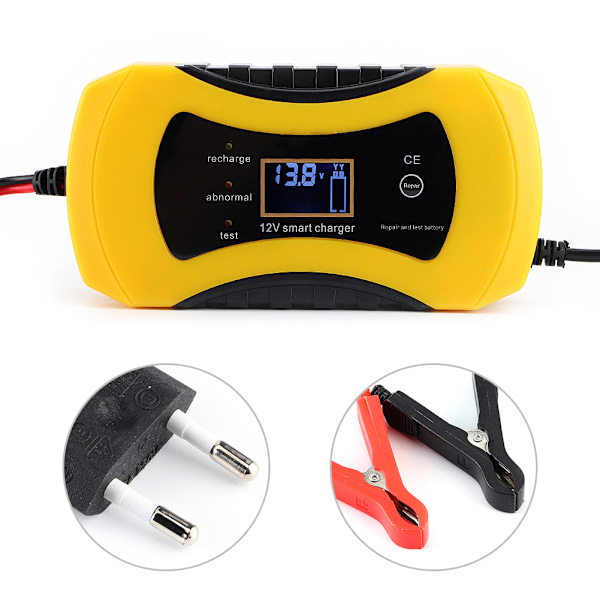 12V 8A oplader til bilmotorcykel blybatterier omvendt polaritetsbeskyttelse kortslutningsbeskyttelse spændingsstrømsdisplay EU 100-240V (EU )
