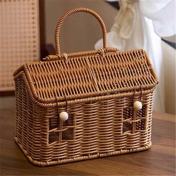 Rattan Husformet Kurv med Lokk, Høstflettkurv