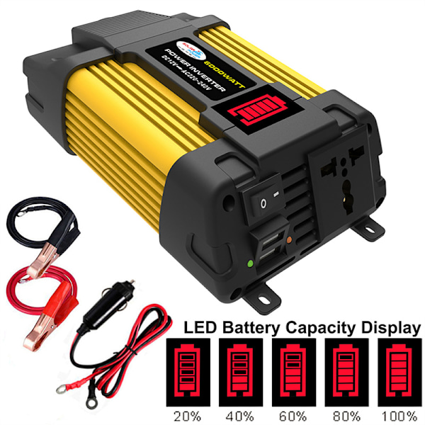2 USB-portin laturi-invertteri LED-näytöllä, reaaliaikainen näyttö, hiljainen virtainvertteri autoon DC12V‑AC220V 6000W