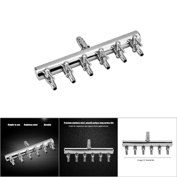 Akvarium fisketank luftstrømkontrollventil, rustfritt stål, 8 mm til 4 mm splitter 6 way