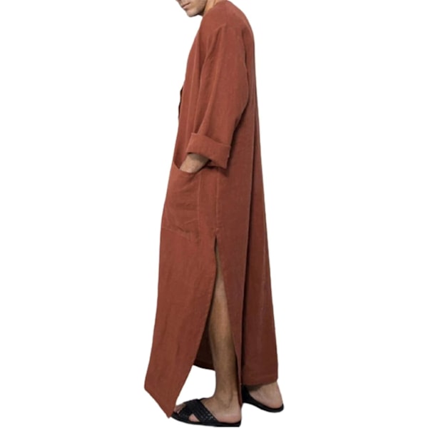 Herr V-ringad långärmad Kaftan med knapphög Thobe och sidosprund Bomull XL Brun